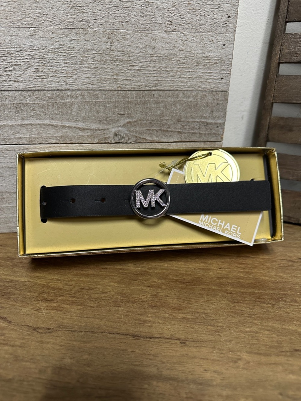 Michael Kors New in box bling pave MK logo black skinny peg adjustable belt